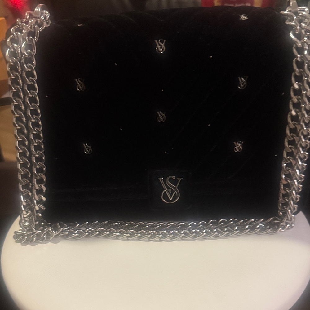 Victoria's Secret Black Velvet Crossbody Bag with Silver Chain